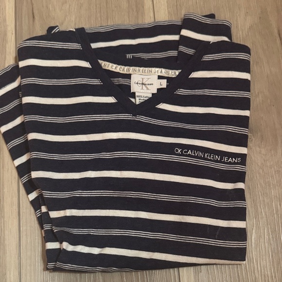 Calvin Klein Tops - Calvin Klein Navy and White Striped V-Neck Tee